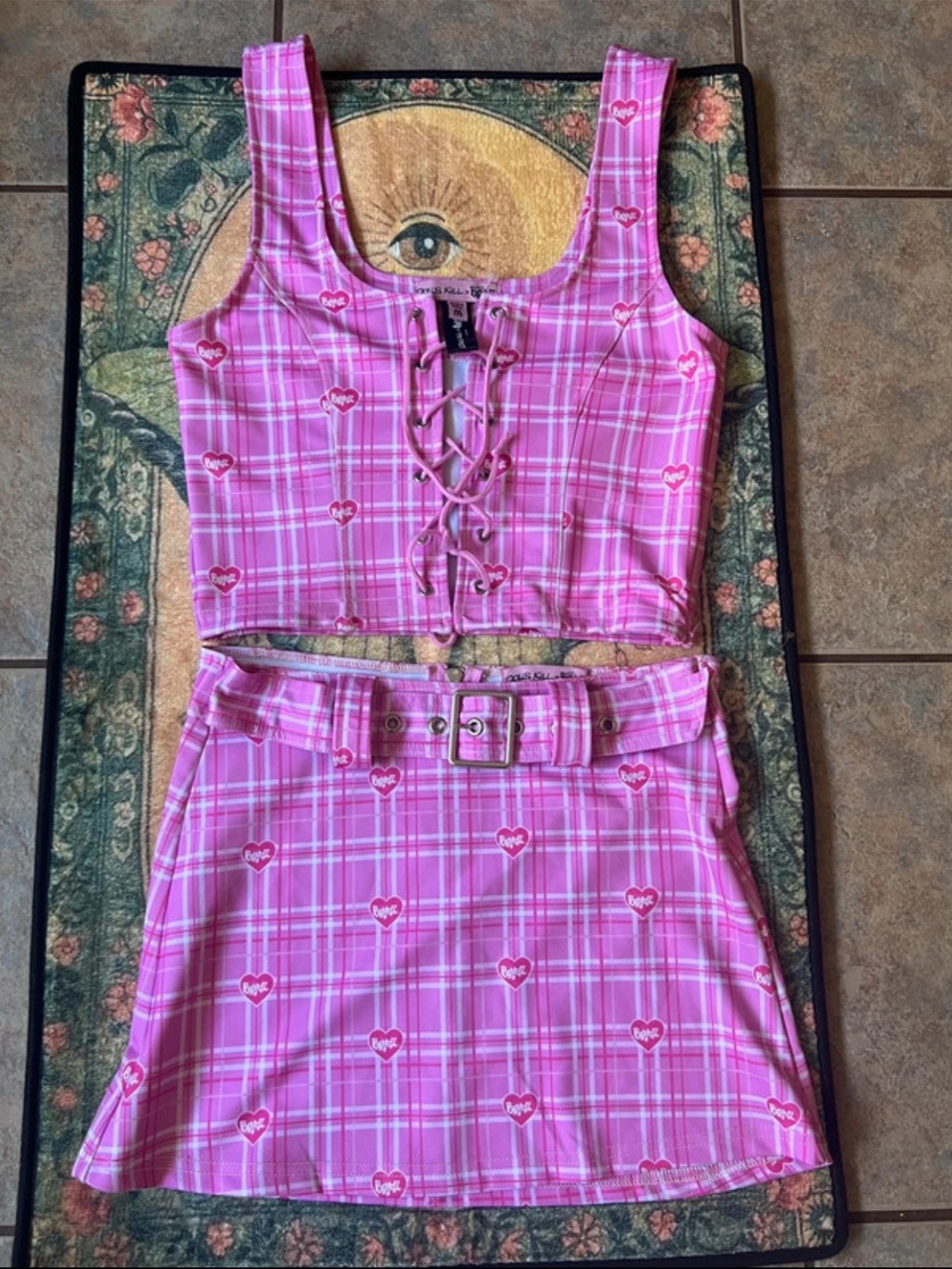 Dolls Kill Pink Plaid Lace-Up Crop Tank
